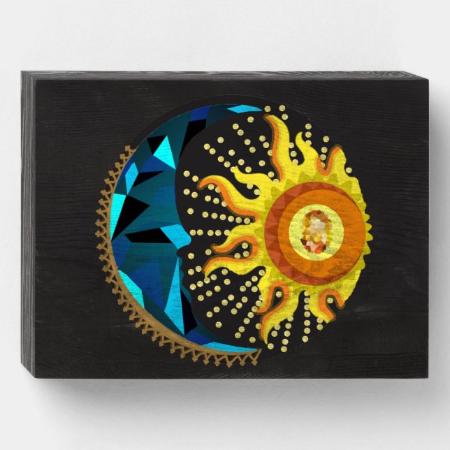 Crystal Adorned Moon & Sun Wooden Box Sign (Front Horizontal)
