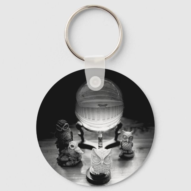 Crystal Ball and Ornamental Owls Metal Keychain (Front)