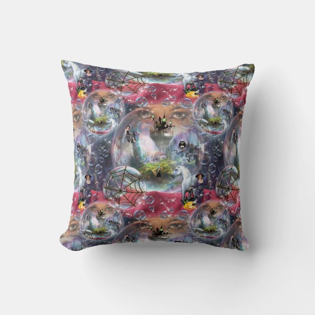 Crystal Ball Halloween Witch Throw Pillow (Front)