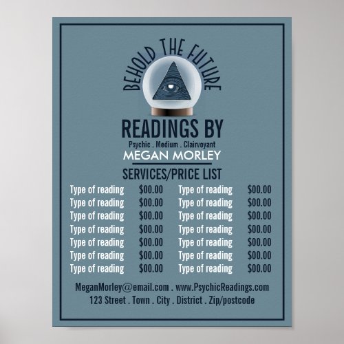 Crystal Ball Psychic Reading Price List Poster
