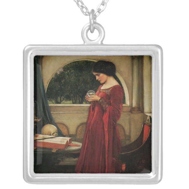 Crystal Ball Woman Waterhouse Painting Silver Plated Necklace (Front)