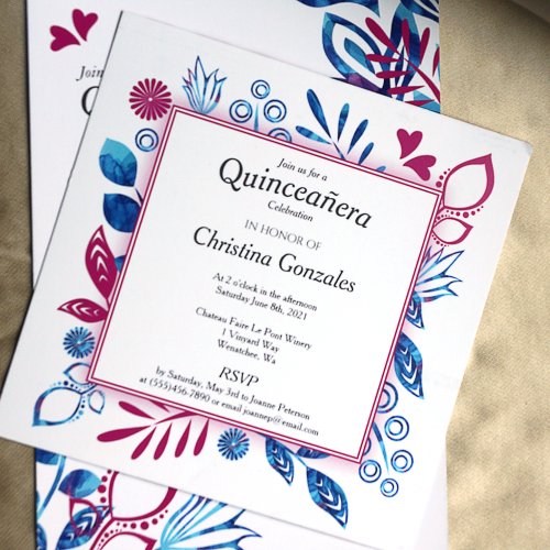 Crystal Blue and Hot Pink Quinceaera Invitation