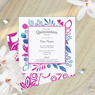 Crystal Blue and Hot Pink Quinceañera Invitation