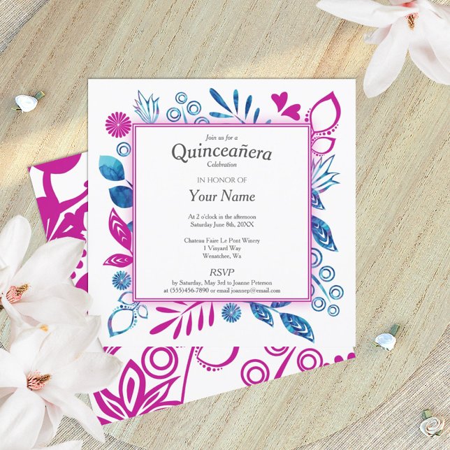 Crystal Blue and Hot Pink Quinceañera Invitation (royal blue, magenta berry pink floral quinceanera invitation)