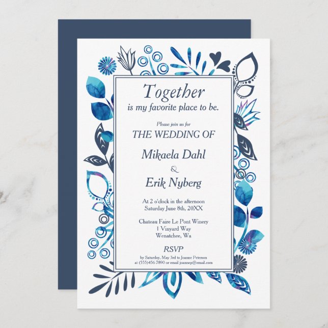 Crystal Blue & Blue-Gray Floral Pattern Invitation (Front/Back)