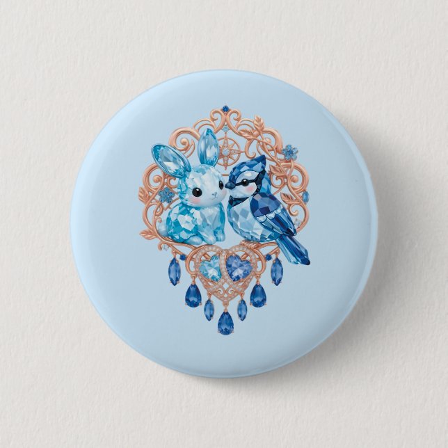 Crystal Blue Bunny and Blue Jay Heart Button (Front)