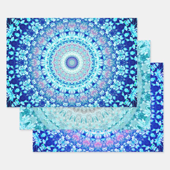 Crystal Blue Floral Mandala  Wrapping Paper Sheets (Set)