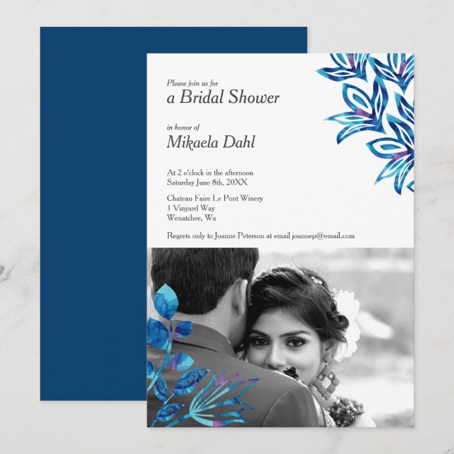 Crystal Blue Floral Photo Bridal Shower Invitation (Front/Back)