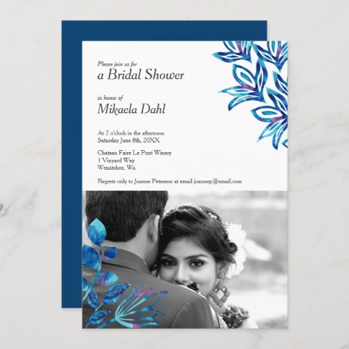 Crystal Blue Floral Photo Bridal Shower Invitation