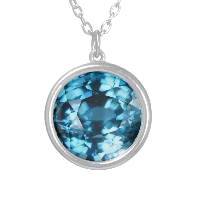 Crystal Blue Gemstone Zircon December Birthstone Silver Plated Necklace (Front)