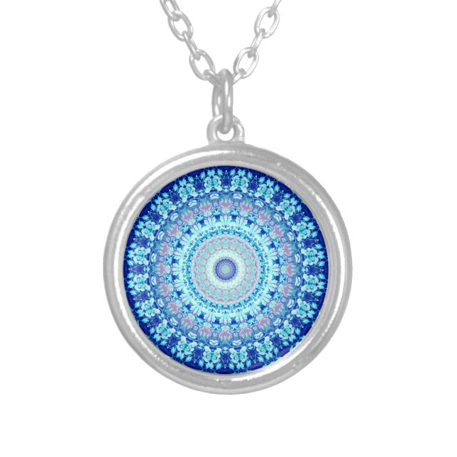 Crystal Blue Mandala Pattern   Silver Plated Necklace (Front)