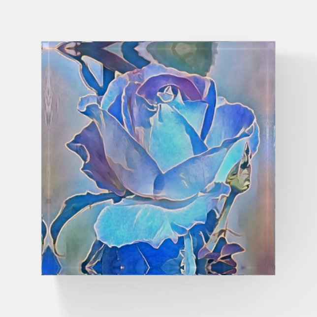 Crystal Blue Rose Art Glass Paperweight (Front)