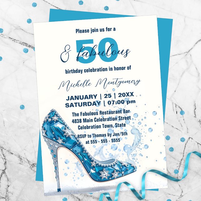 Crystal Blue Stiletto with Gemstones 50th Birthday Invitation (Creator Uploaded)