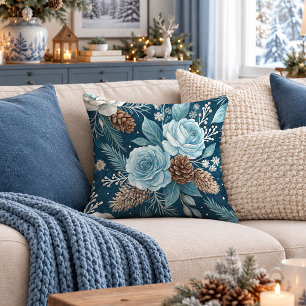 Crystal Blue Winter Floral Accent Throw Pillow Art