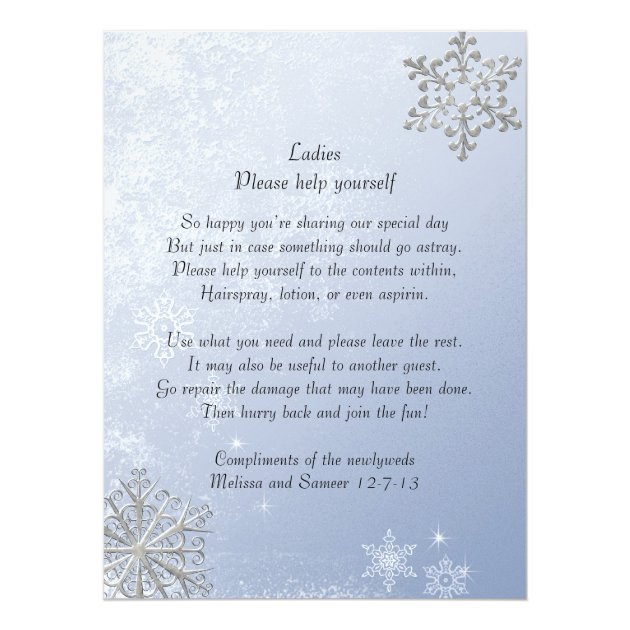 Crystal Blue Winter Snowflake Wedding Basket Sign Invitation