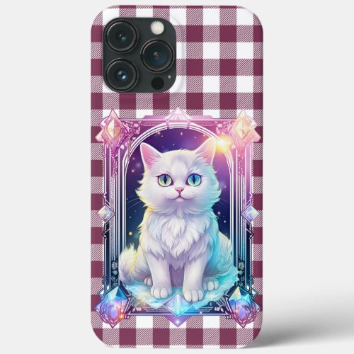 Crystal Cat Purple Black Plaid Cute White Kitten iPhone 13 Pro Max Case