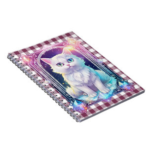 Crystal Cat Purple Black Plaid Cute White Kitten Notebook