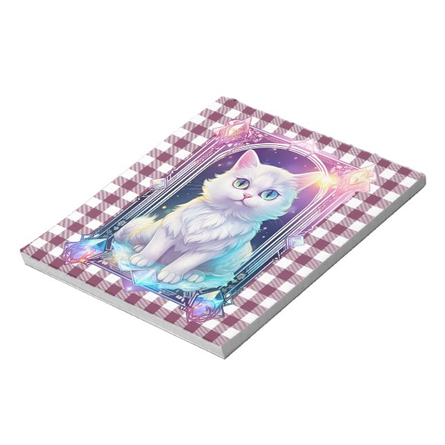 Crystal Cat Purple Black Plaid Cute White Kitten Notepad (Rotated)