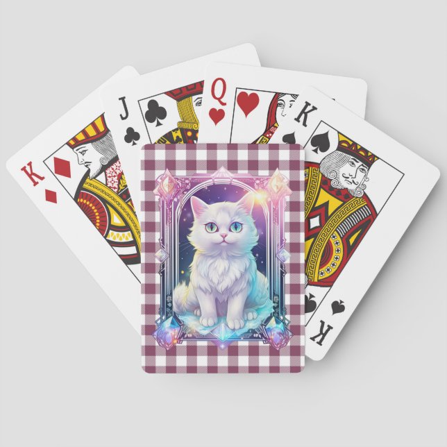 Crystal Cat Purple Black Plaid Cute White Kitten Poker Cards (Back)