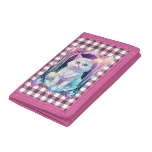 Crystal Cat Purple Black Plaid Cute White Kitten Trifold Wallet