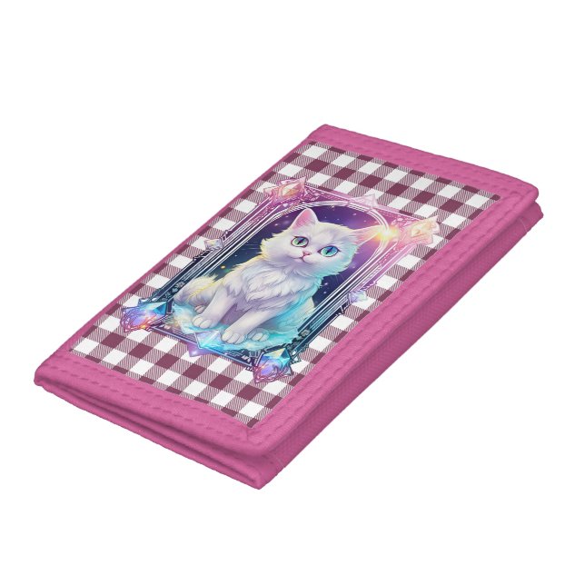 Crystal Cat Purple Black Plaid Cute White Kitten Trifold Wallet (Bottom)