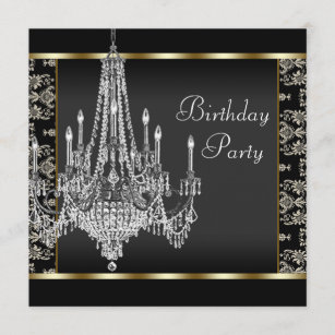Crystal Chandelier Black Damask Birthday Party Invitation