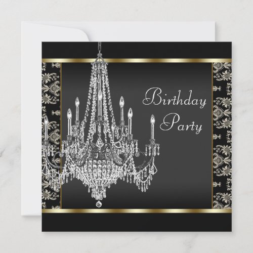 Crystal Chandelier Black Damask Birthday Party Invitation