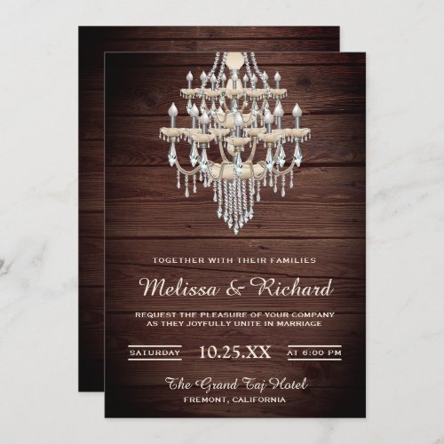 Crystal Chandelier Rustic Wood Wedding Invitation