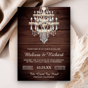 Crystal Chandelier Rustic Wood Wedding Invitation