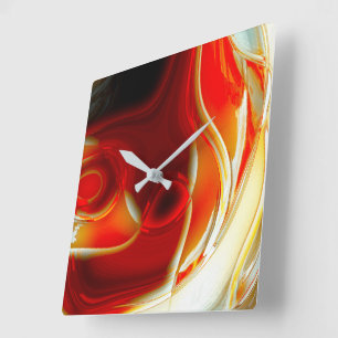 Crystal clear glass-style circular curves in red square wall clock
