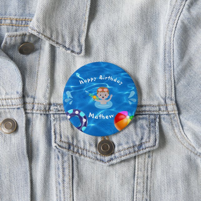 Crystal Clear Happy Birthday Pool Party  Button (In Situ)