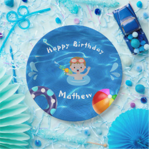 Crystal Clear Happy Birthday Pool Party Paper Plates