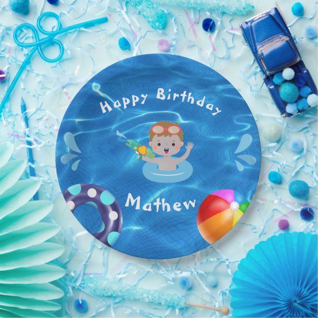 Crystal Clear Happy Birthday Pool Party  Paper Plates (Party)
