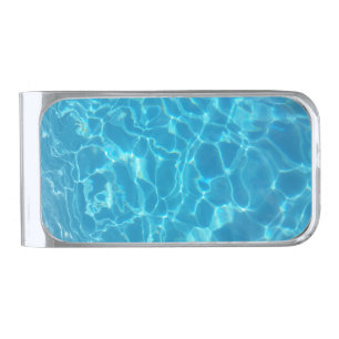 Crystal Clear Sky Blue Pool Water Silver Finish Money Clip