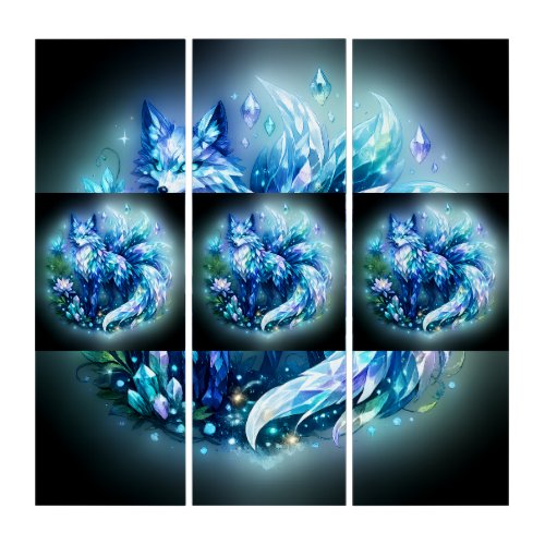 Crystal Fantasy Fox Art , Triptych Wall Art, Decor