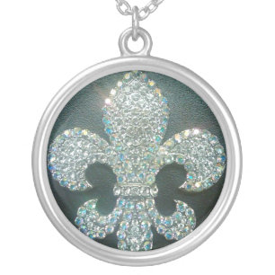 Crystal Fleur de lis on Black print Silver Plated Necklace