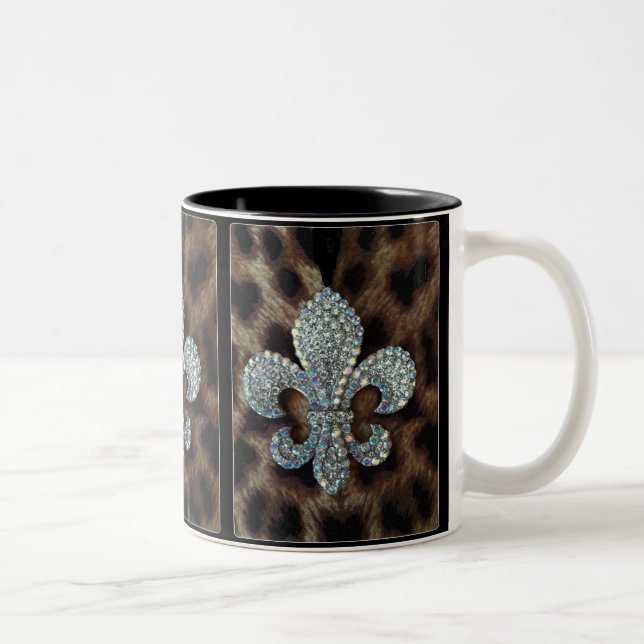 CRYSTAL FLEUR DE LIS ON LEOPARD BORDER PRINT Two-Tone COFFEE MUG (Right)