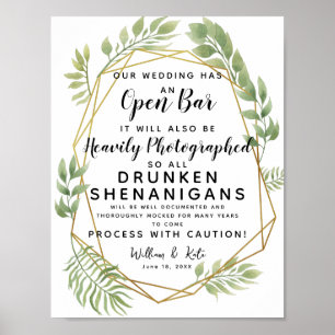 Crystal foliage greenery Open Bar wedding sign