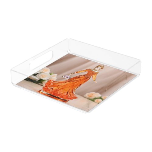 Crystal glass princess with orange dress acrylic tray