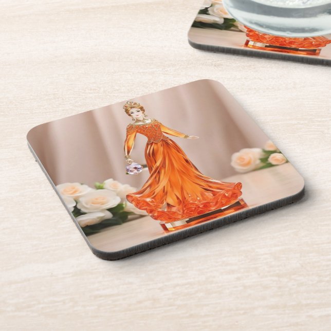 Crystal glass princess with orange dress beverage coaster (Left Side)