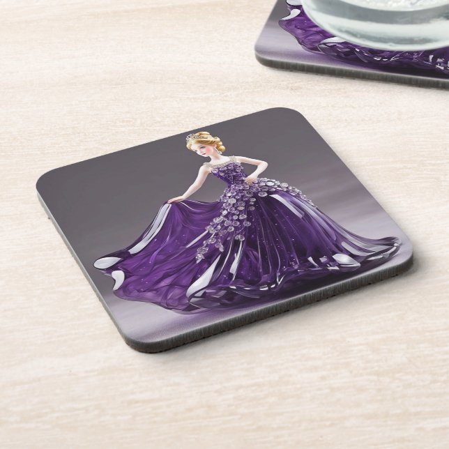 Crystal glass princess with purple dress beverage coaster (Left Side)