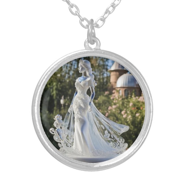 Crystal glass princess with white dress silver plated necklace (Front)