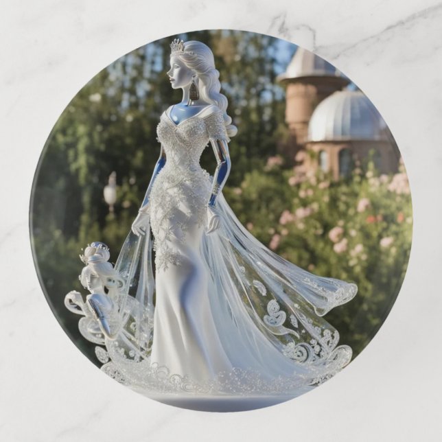 Crystal glass princess with white dress trinket tray (Front)