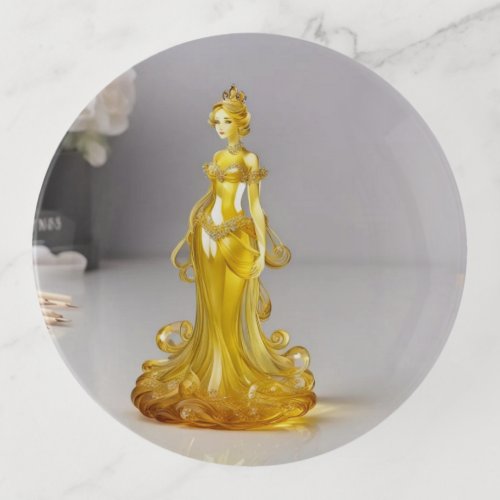 Crystal glass princess with yellow dress trinket tray