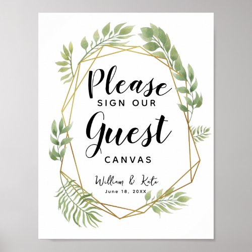 Crystal greenery leaf  guest canvas wedding sign