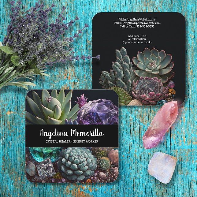 Crystal Healer Energy Worker Succulents Crystals Square Business Card (Creator Uploaded)
