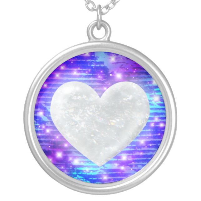 Crystal Heart on Cyan, Blue, Indigo, & Purple Silver Plated Necklace (Front)