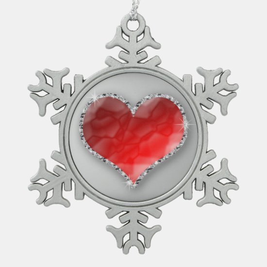 Crystal Heart Snowflake Pewter Christmas Ornament