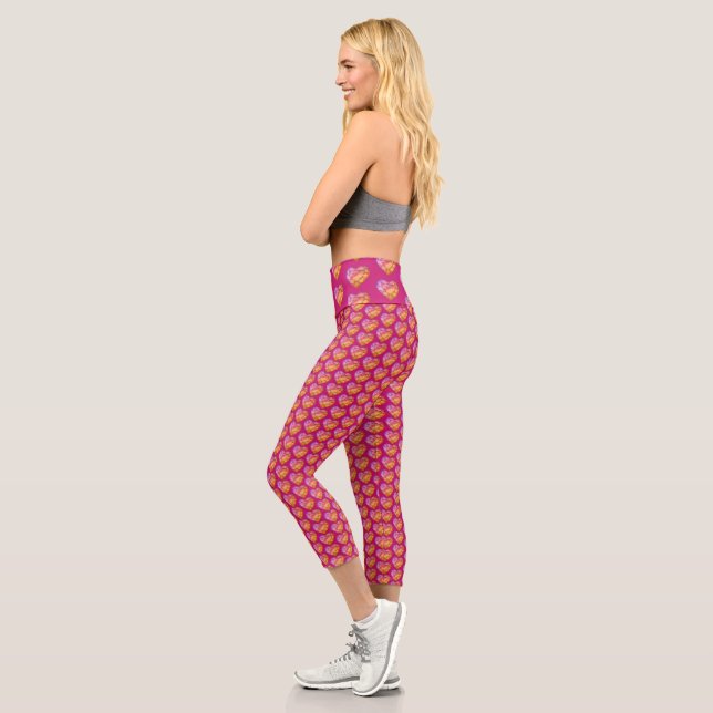 Crystal hearts watercolor pink red art leggings (Left)