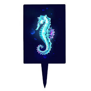 Crystal Ice Seahorse on Blue Background Cake Topper